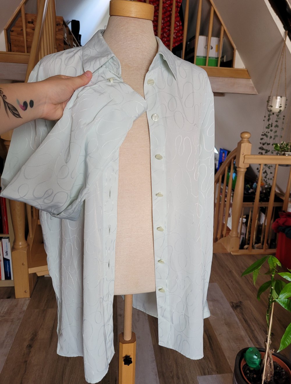 Vintage Bluse Stickerei Minze Mint Perlmutt