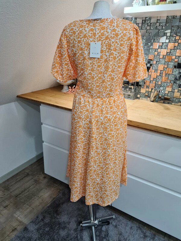 Sommerkleid Vila Gr. 36 (S/M) Ballonarm weiß gelb 