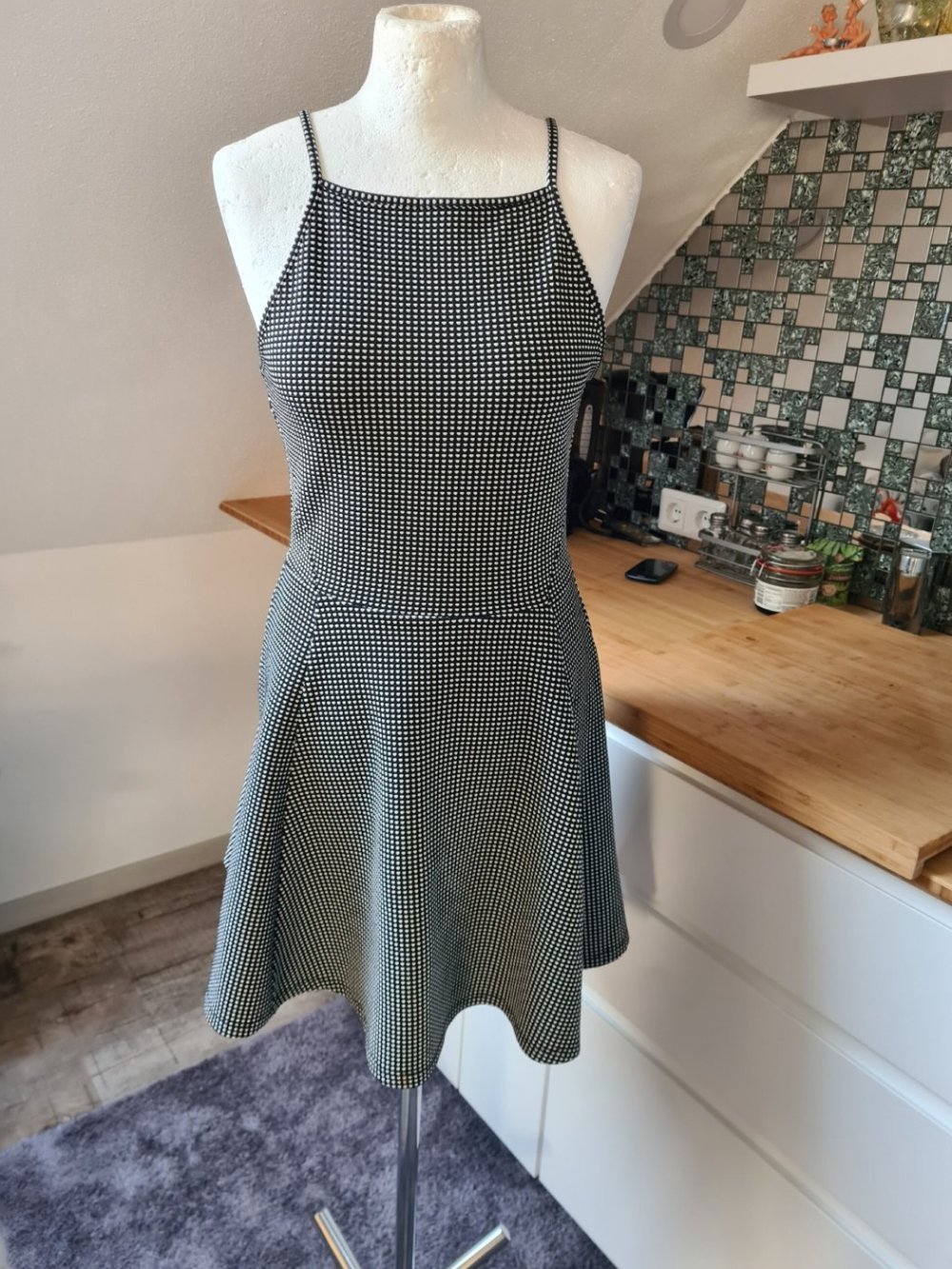 Minikleid KAro Gr. XS bügelfrei Skaterrock schwarz/weiß