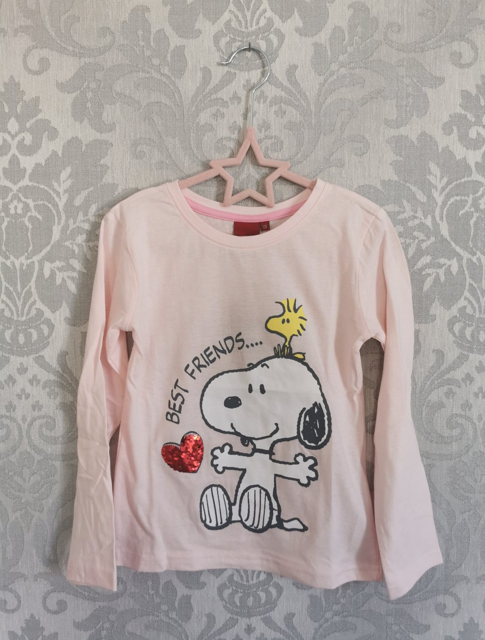 Peanuts Snoopy Langarmshirt Gr. 128 in rosa Wendepailletten Herz Neu mit Etikett