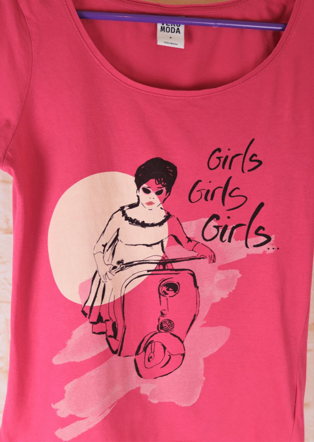 T-Shirt Pink Rosa Vero Moda Größe S 36 Shirt Girls Rockabilly Roller Girl Print Sommershirt Top Oberteil