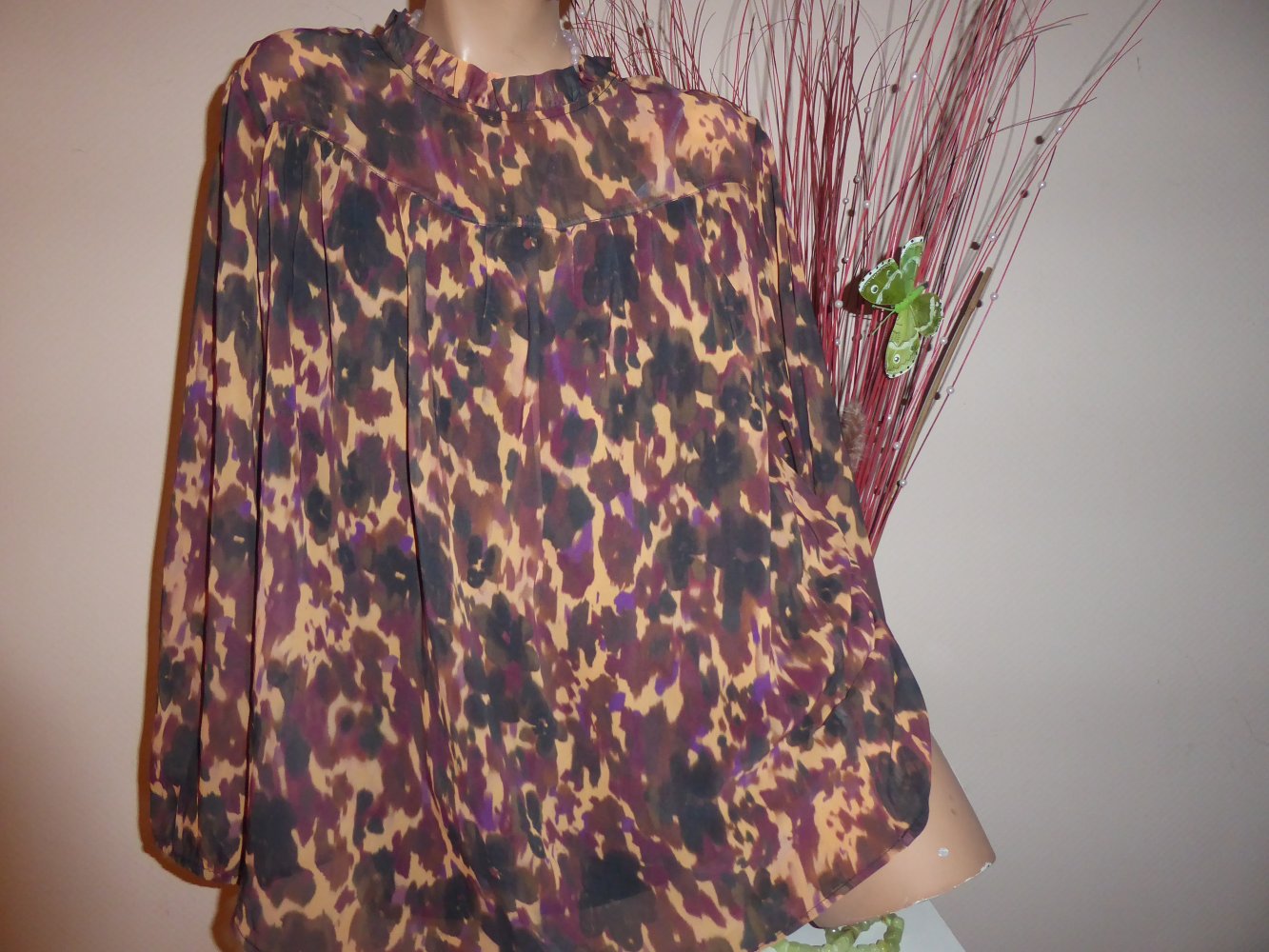 Bluse NEU stylische Tunika langarm 44 46 XL braun lila schwarz Chiffonbluse