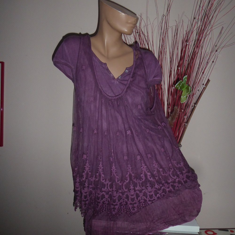 2 Teile Zweiteiler Combi Longtop Lonshirt Minikleid Shirt Top lang M S 38 40 beere Italy Baumwolle 