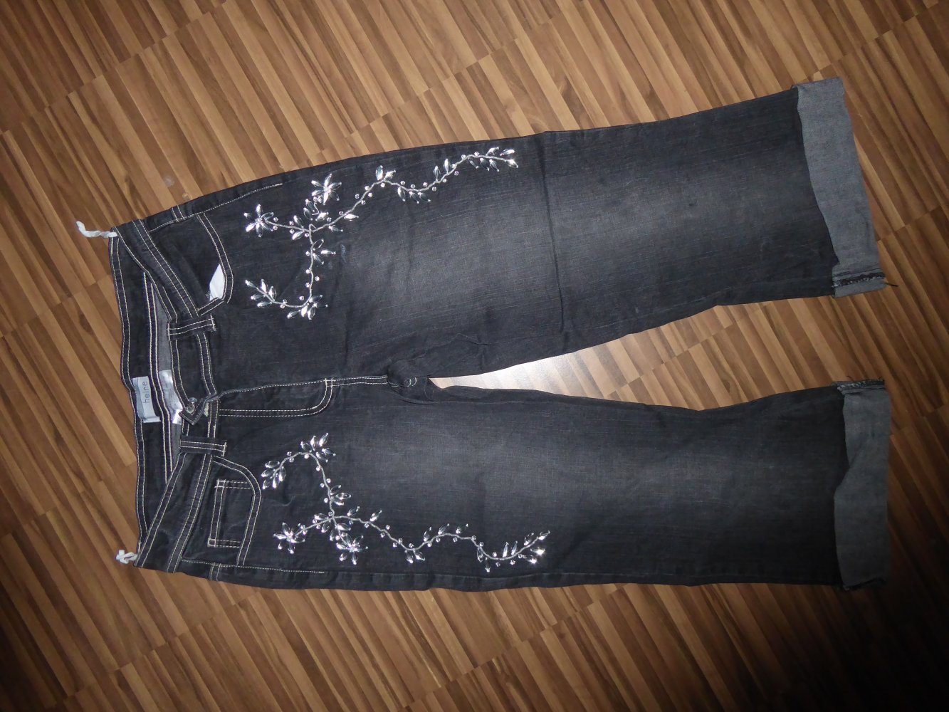 Damen Jeans Hose Gr. 40 NEU grau Straßsteine Bermuda 7/8 Länge Bund 41 cm 82 cm