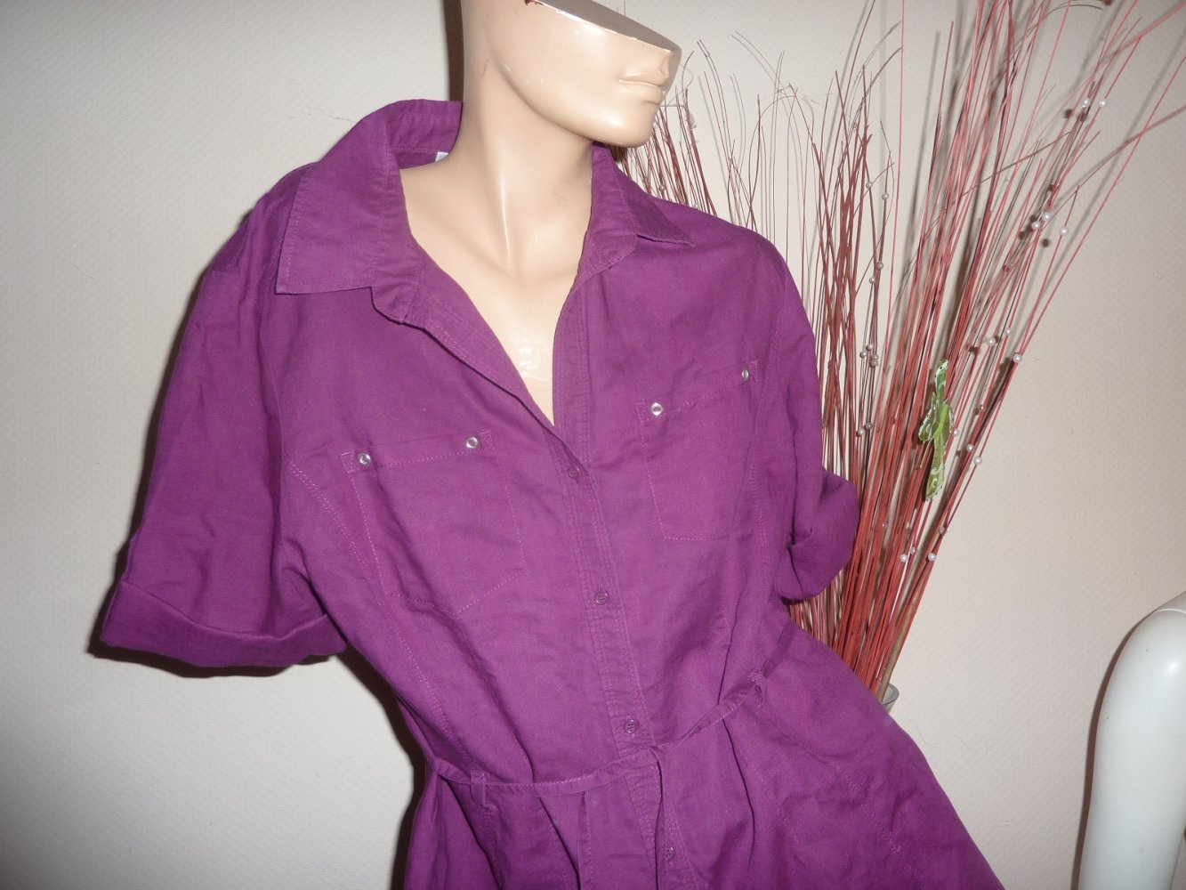 Kleid neuwertig mit LEINEN XL 44 beere Leinenkleid Sommerkleid Hemblusenkleid Minikleid