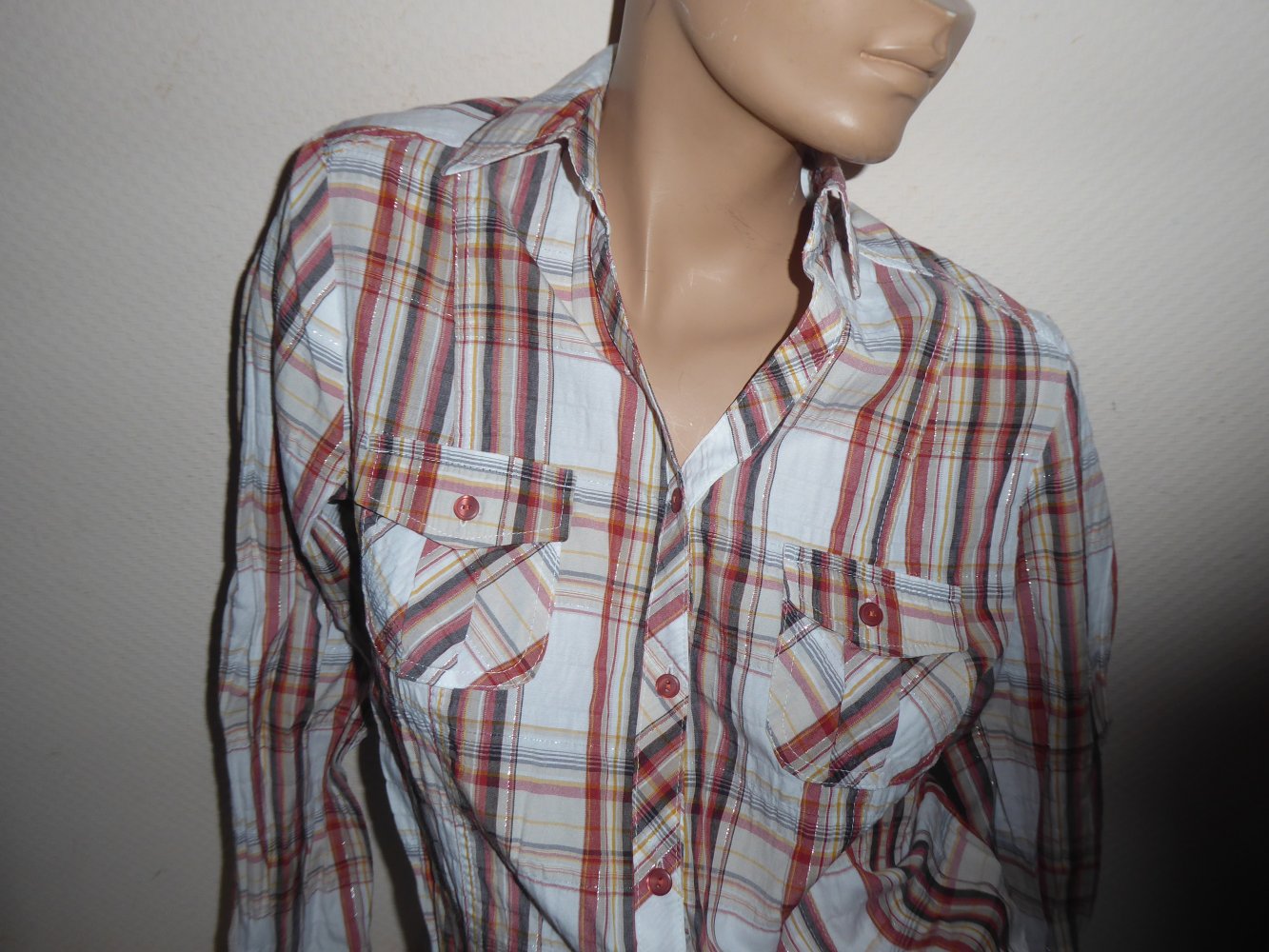 Bluse Canda langarm weiß caro Streifen 40 M Brust ca 52 cm Baumwollmix