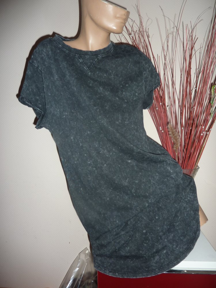 Damen Longshirt NEU S 38 wie M 40 schwarz Waschung Baumwolle Minikleid Shirt