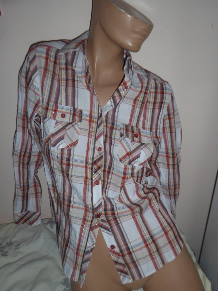 Bluse Canda langarm weiß caro Streifen 40 M Brust ca 52 cm Baumwollmix