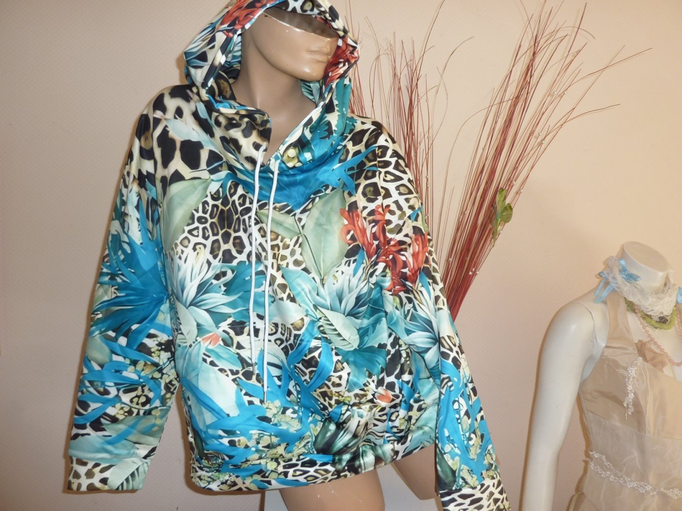 Damen Hoodie JAcke Kapuze Kapuzenjacke mint rot NEU XXL 52 54 Leo Look