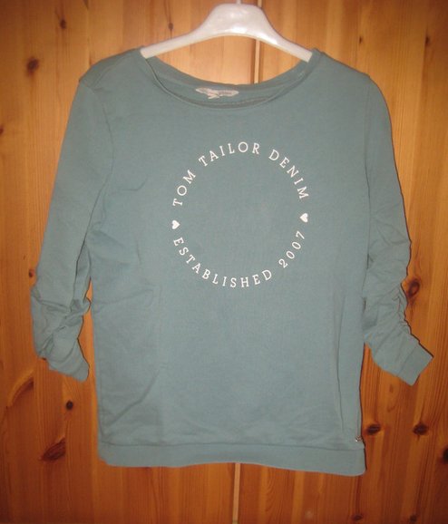 Petrol-farbener Tom Tailor Pullover, geraffte Ärmel, Gr. S