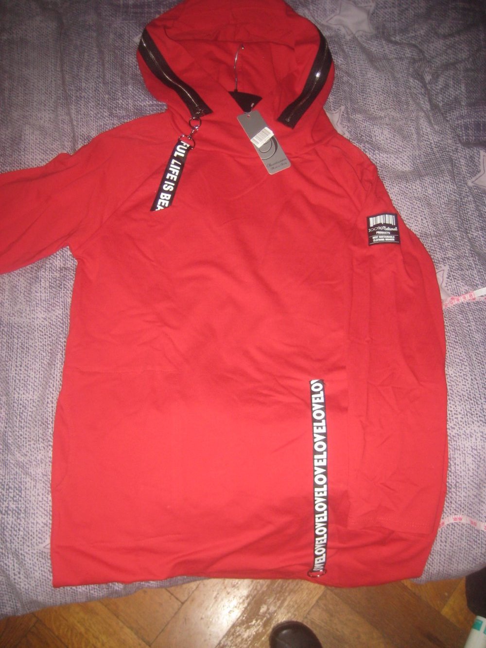 Sweetissima Rotes Kleid,Kapuze, Details, Reißverschluss, 100%Natural, Oversize