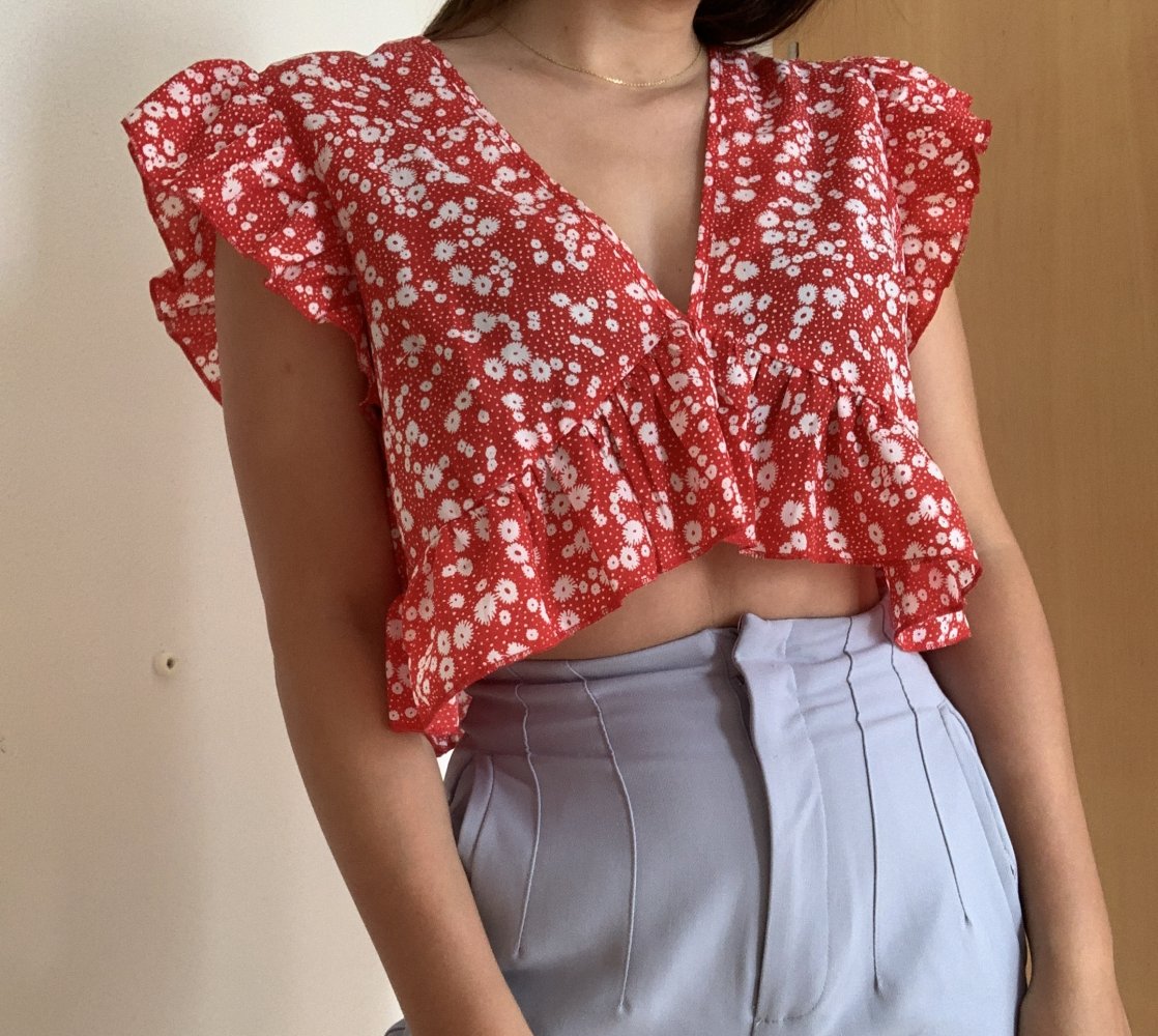 (L): Crop Top Bluse mit Blumenmuster 