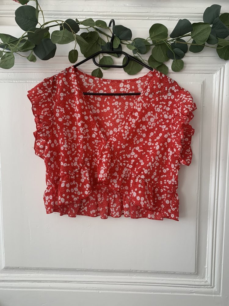 (L): Crop Top Bluse mit Blumenmuster 