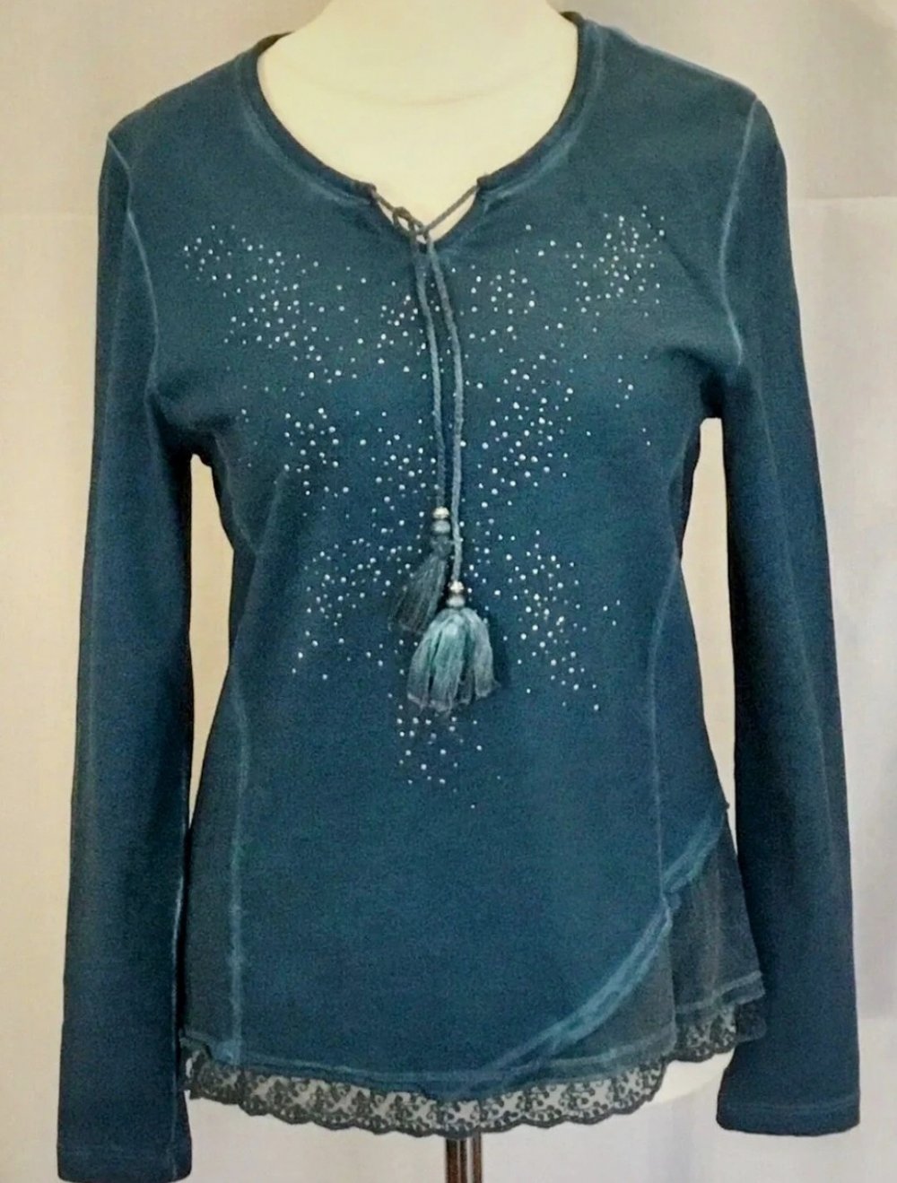 Top Secret Langarmshirt Gr.38 Glitzer Nieten Spitze Perlen Quaste Neuwertig