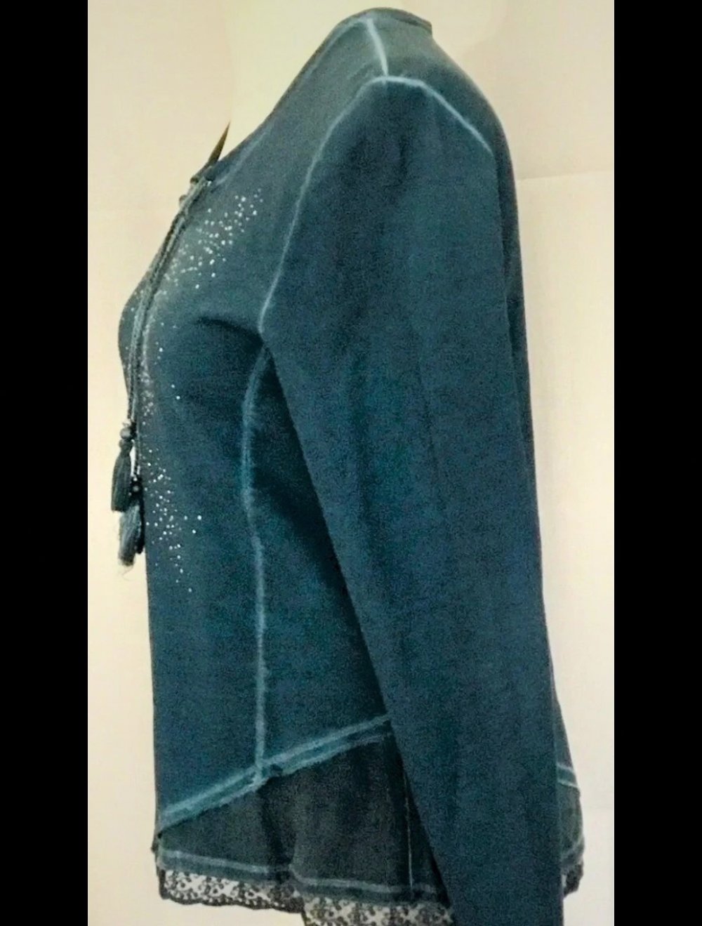 Top Secret Langarmshirt Gr.38 Glitzer Nieten Spitze Perlen Quaste Neuwertig