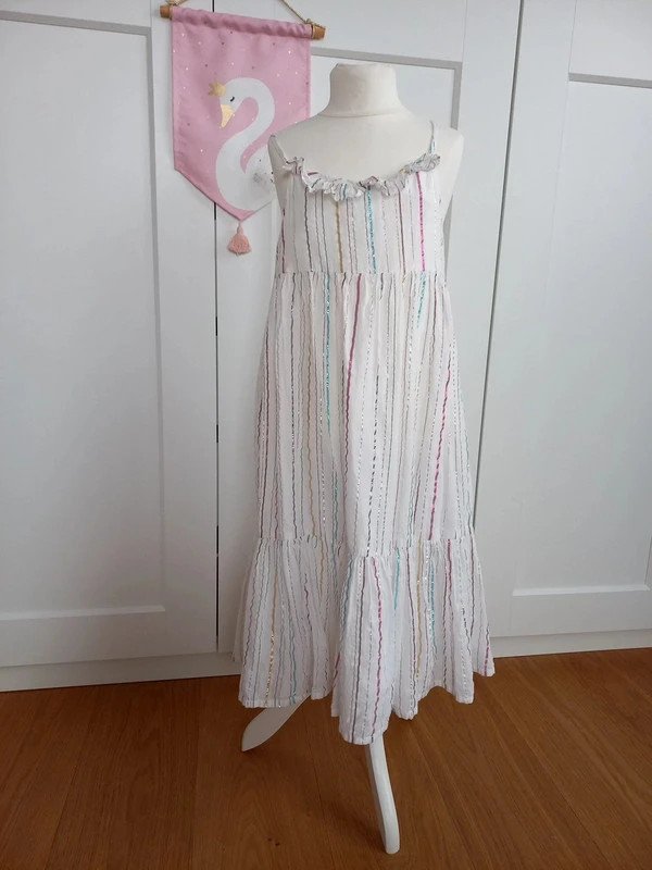 NEUWERTIG! H&M Maxi Kleid Gr 128, Mädchen, Sommer, festlich, Ringel, Glitzer, Gold, weiß