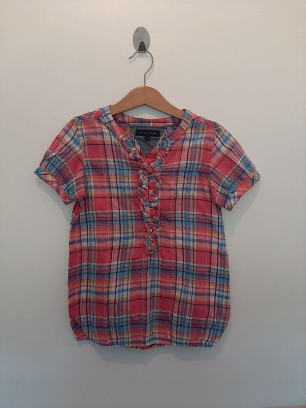 Tommy Hilfiger Bluse Gr 128, Mädchen, Tunika, Kurzarm, Sommer, kariert, Shirt, pink, Baumwolle