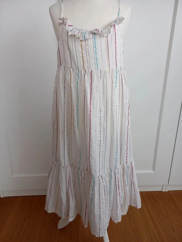 NEUWERTIG! H&M Maxi Kleid Gr 128, Mädchen, Sommer, festlich, Ringel, Glitzer, Gold, weiß