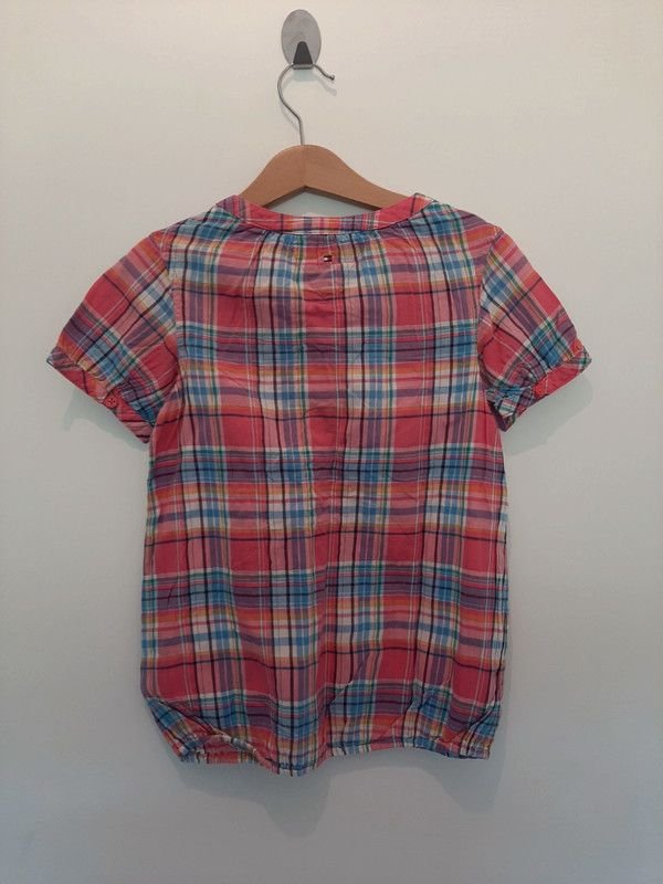 Tommy Hilfiger Bluse Gr 128, Mädchen, Tunika, Kurzarm, Sommer, kariert, Shirt, pink, Baumwolle