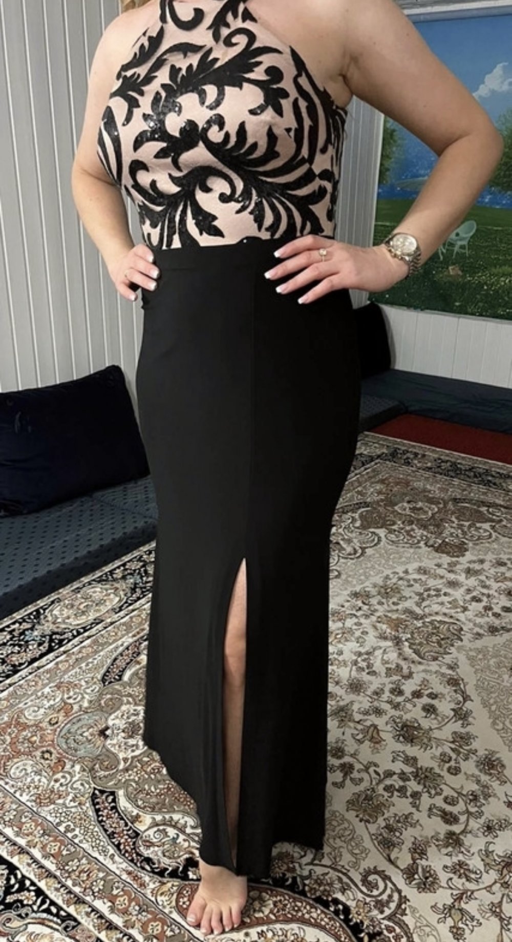 Schönes Abendkleid Maxikleid Partykleid Kleid Lang Stickerei Tüll Pailletten