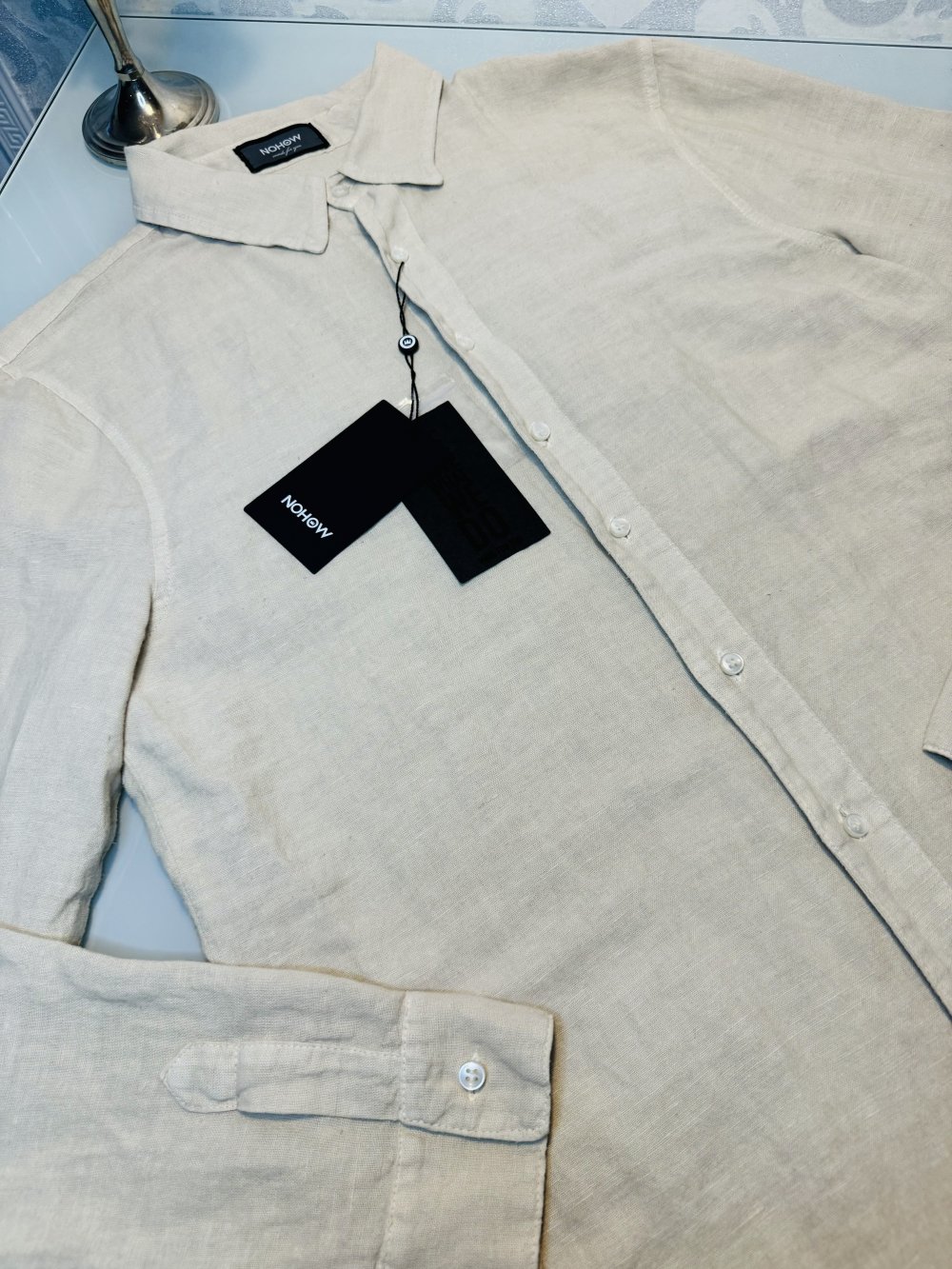 Schönes Hemd Herren Neu XL Nohow Leinen Leinenhemd Knöpfe Kragen Langarm beige