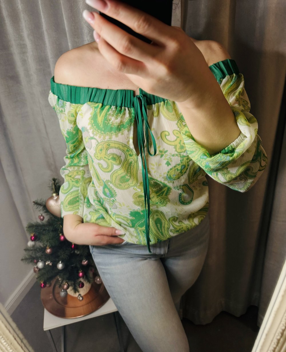 Schönes Schulterfreues trägerloses Top Chiffon Grüntöne Oberteil Langarm Bluse