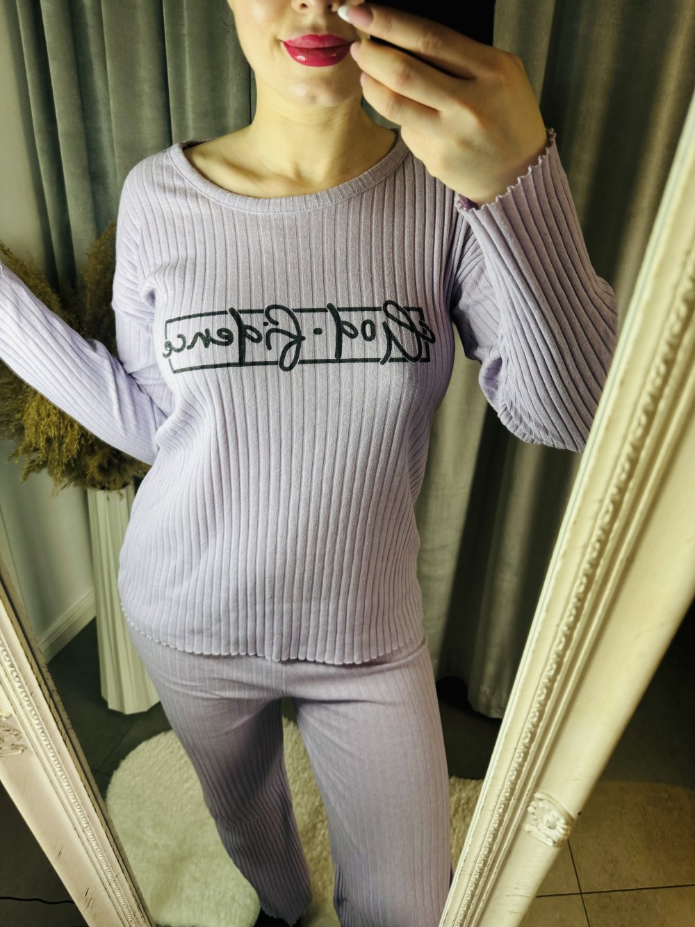 Schöner Hausanzug Homewear Anzug Set Zweiteiler Bequem Flieder Damen Aufdruck XS