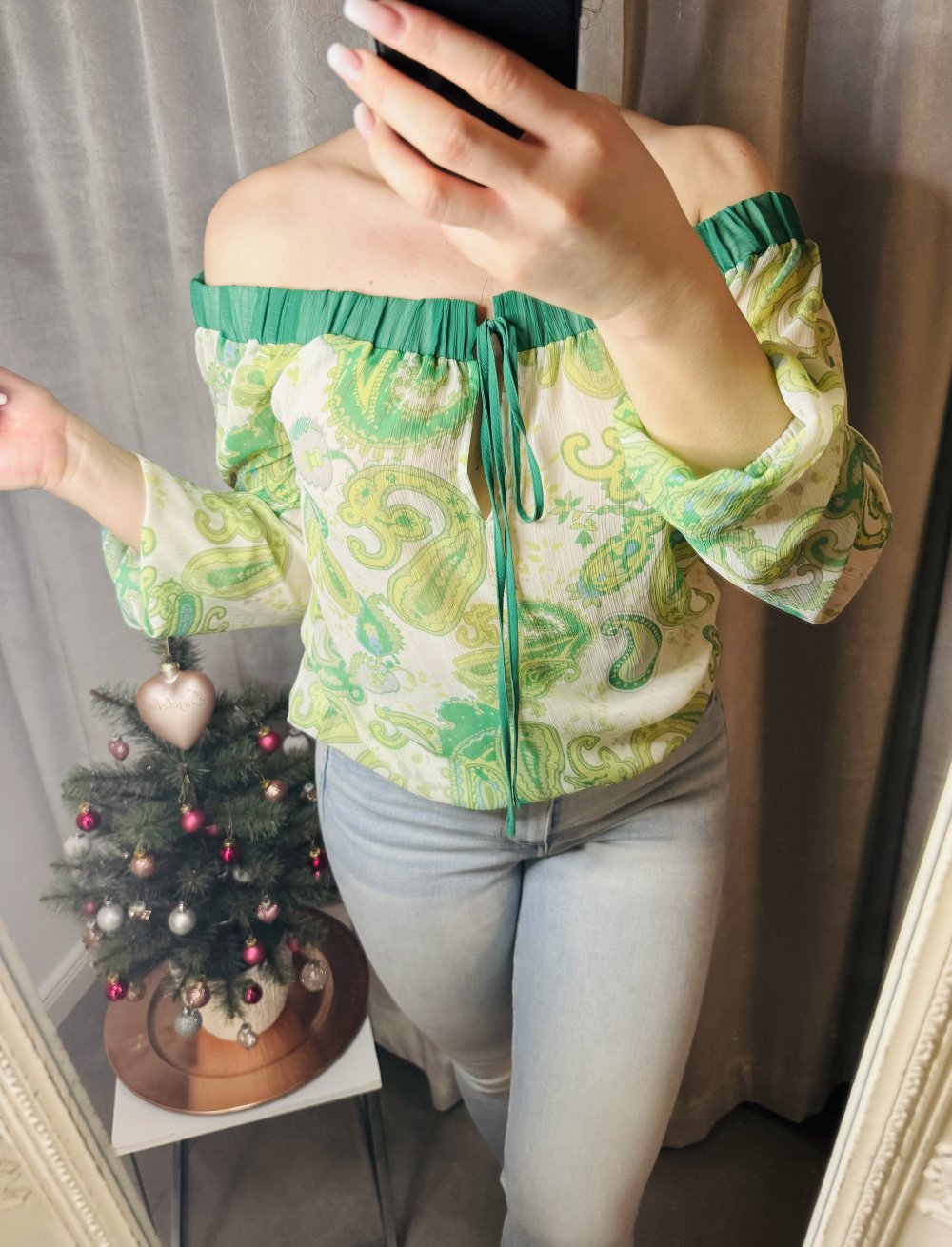 Schönes Schulterfreues trägerloses Top Chiffon Grüntöne Oberteil Langarm Bluse