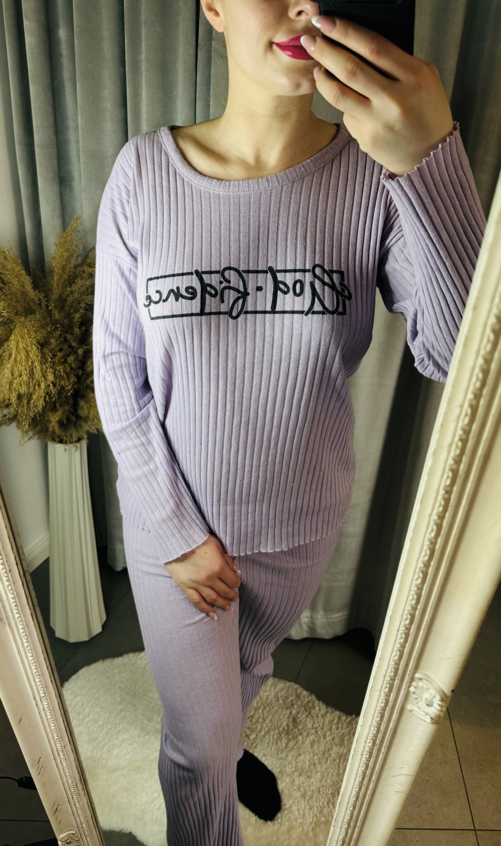 Schöner Hausanzug Homewear Anzug Set Zweiteiler Bequem Flieder Damen Aufdruck XS