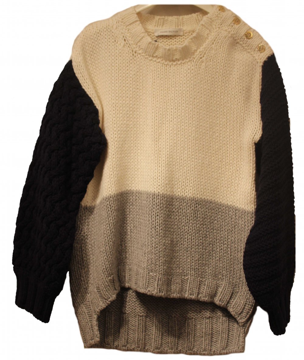 NEU: Strickpullover, weiß-blau-grau mit goldfarbenen Knöpfen, Boutiquen-Preis: 349 €