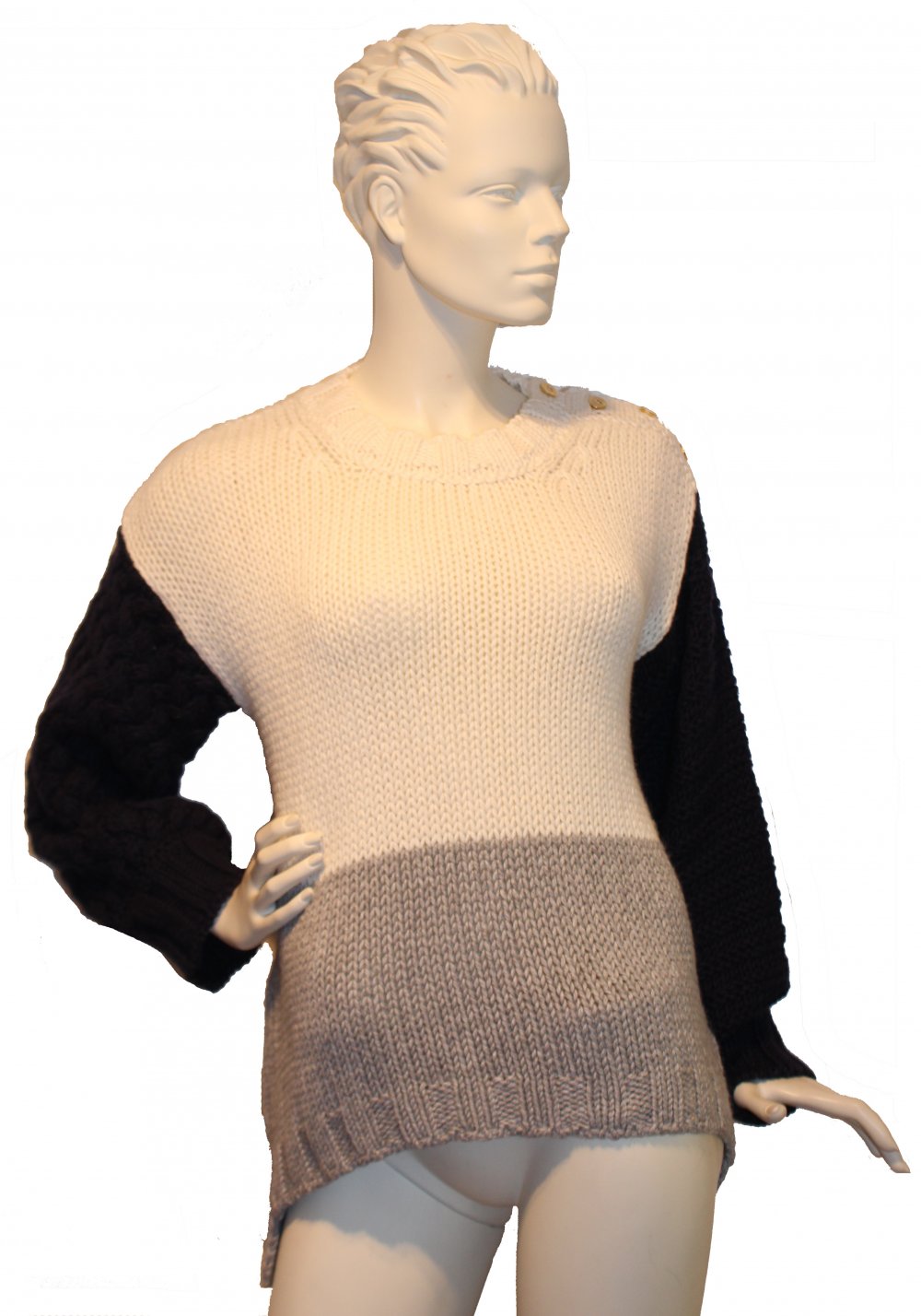 NEU: Strickpullover, weiß-blau-grau mit goldfarbenen Knöpfen, Boutiquen-Preis: 349 €