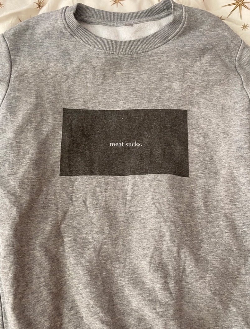 Hoodie Pullover Sweater Statement Meat Sucks Vegan Veggie wie neu Größe S grau grey