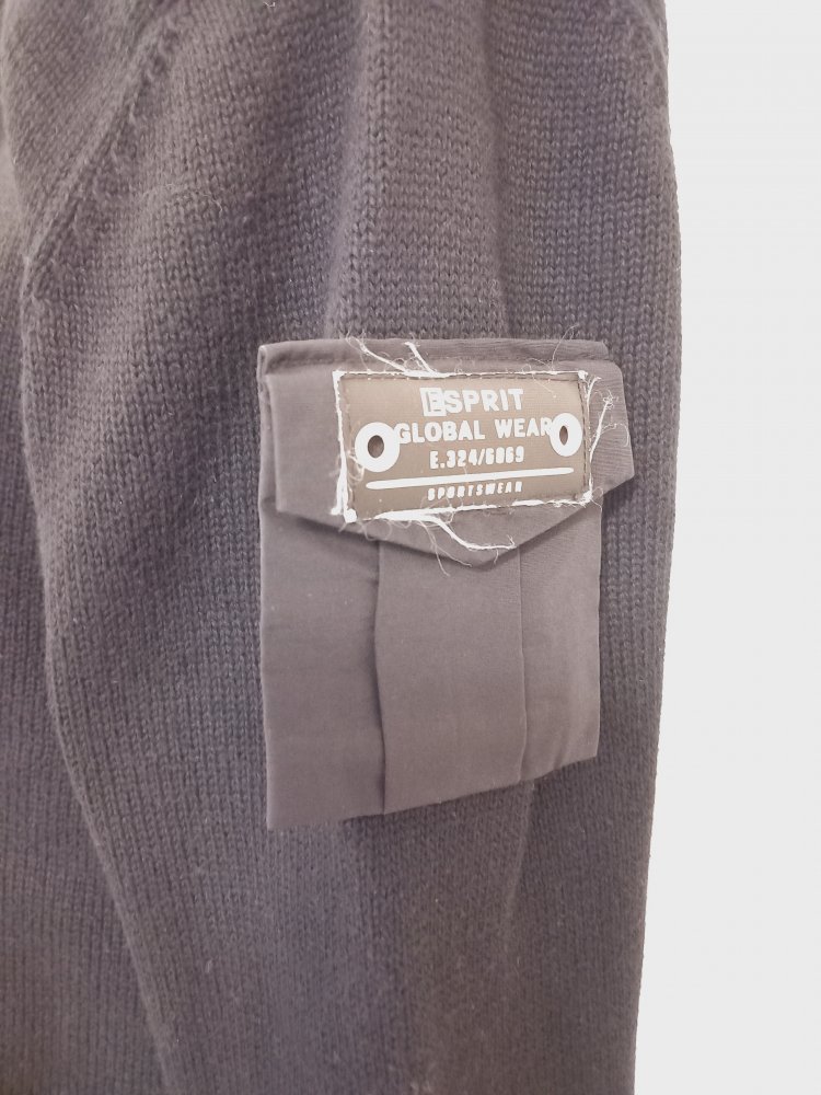 Esprit Strick Pullover schwarz Gr XL l mit V-Ausschnitt Tasche am Ärmel und Crop Bändchen 