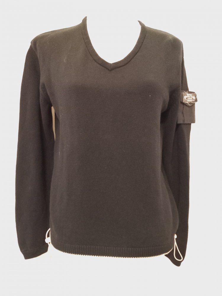 Esprit Strick Pullover schwarz Gr XL l mit V-Ausschnitt Tasche am Ärmel und Crop Bändchen 