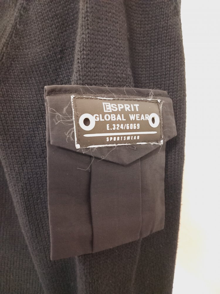 Esprit Strick Pullover schwarz Gr XL l mit V-Ausschnitt Tasche am Ärmel und Crop Bändchen 