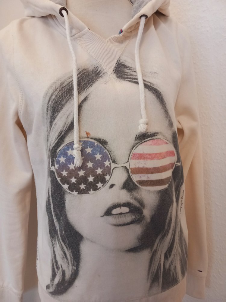 Tommy HIlfiger Kapuzen Sweatshirt Pullover Pulli Sweatter Hoodie Hoody Gr M 38 weiß blau rot black  Front Print