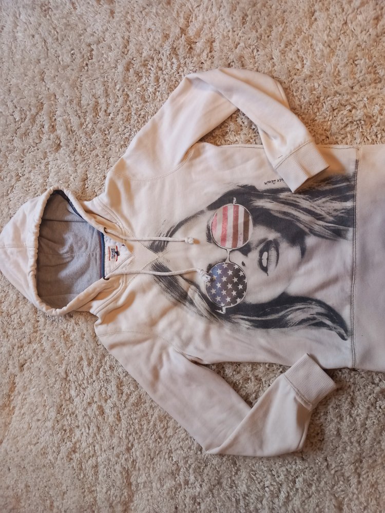 Tommy HIlfiger Kapuzen Sweatshirt Pullover Pulli Sweatter Hoodie Hoody Gr M 38 weiß blau rot black  Front Print