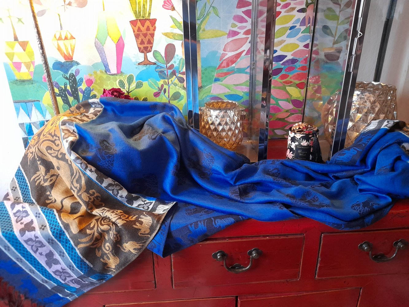 216.-, NEU! 100% Luxus- Kaschmir 182 x 70 cm XL Stola Schal Umhang, NEU! Asien Elefanten, royalblau!