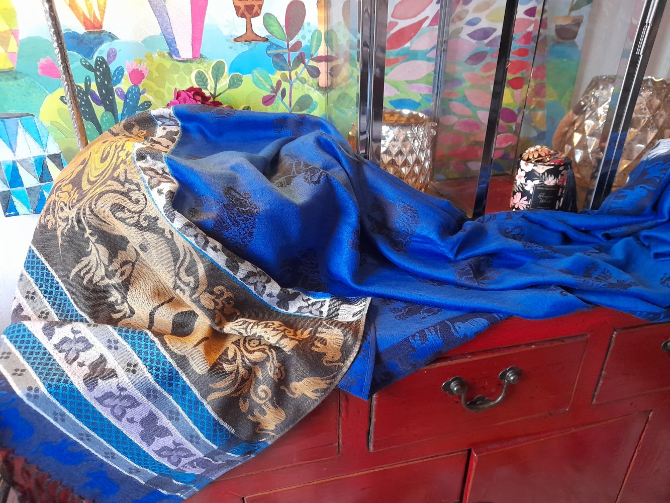 216.-, NEU! 100% Luxus- Kaschmir 182 x 70 cm XL Stola Schal Umhang, NEU! Asien Elefanten, royalblau!