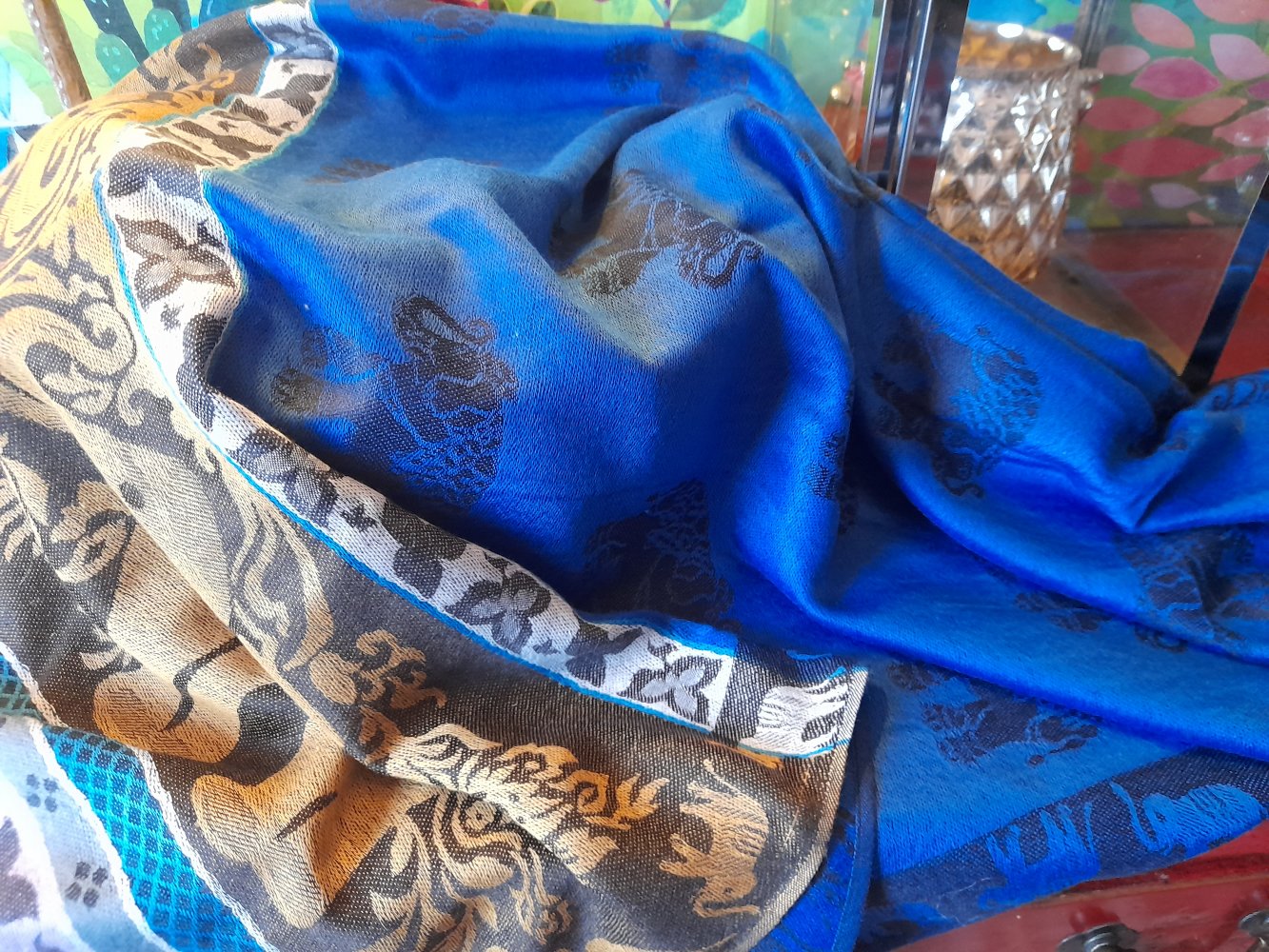 216.-, NEU! 100% Luxus- Kaschmir 182 x 70 cm XL Stola Schal Umhang, NEU! Asien Elefanten, royalblau!