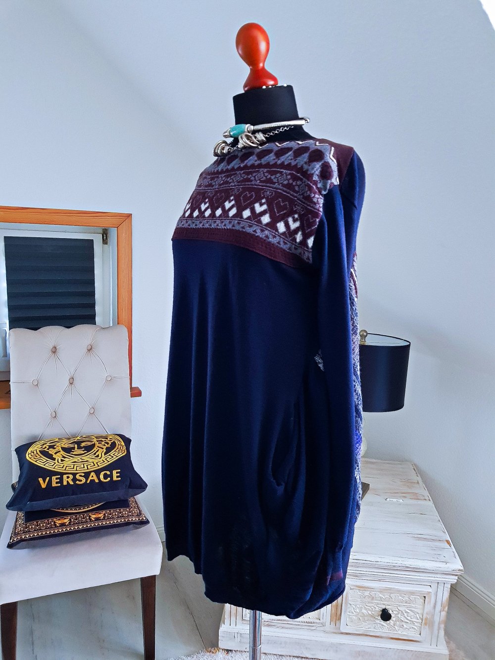 HIGH USE Damen Kleid blau braun 100%Wolle Ballonkleid Strickkleid Gr.S-M