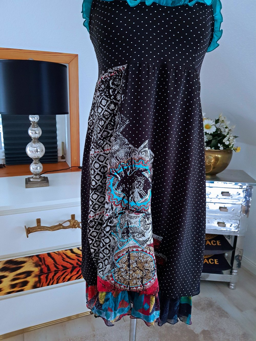 SAVE THE QUEEN Damen Kleid mehrfarbig Jerseykleid Trägerkleid gepunktet Gr.S-36