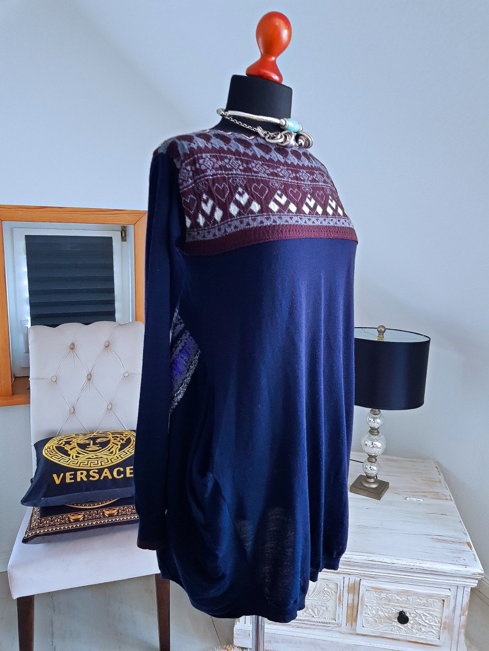 HIGH USE Damen Kleid blau braun 100%Wolle Ballonkleid Strickkleid Gr.S-M