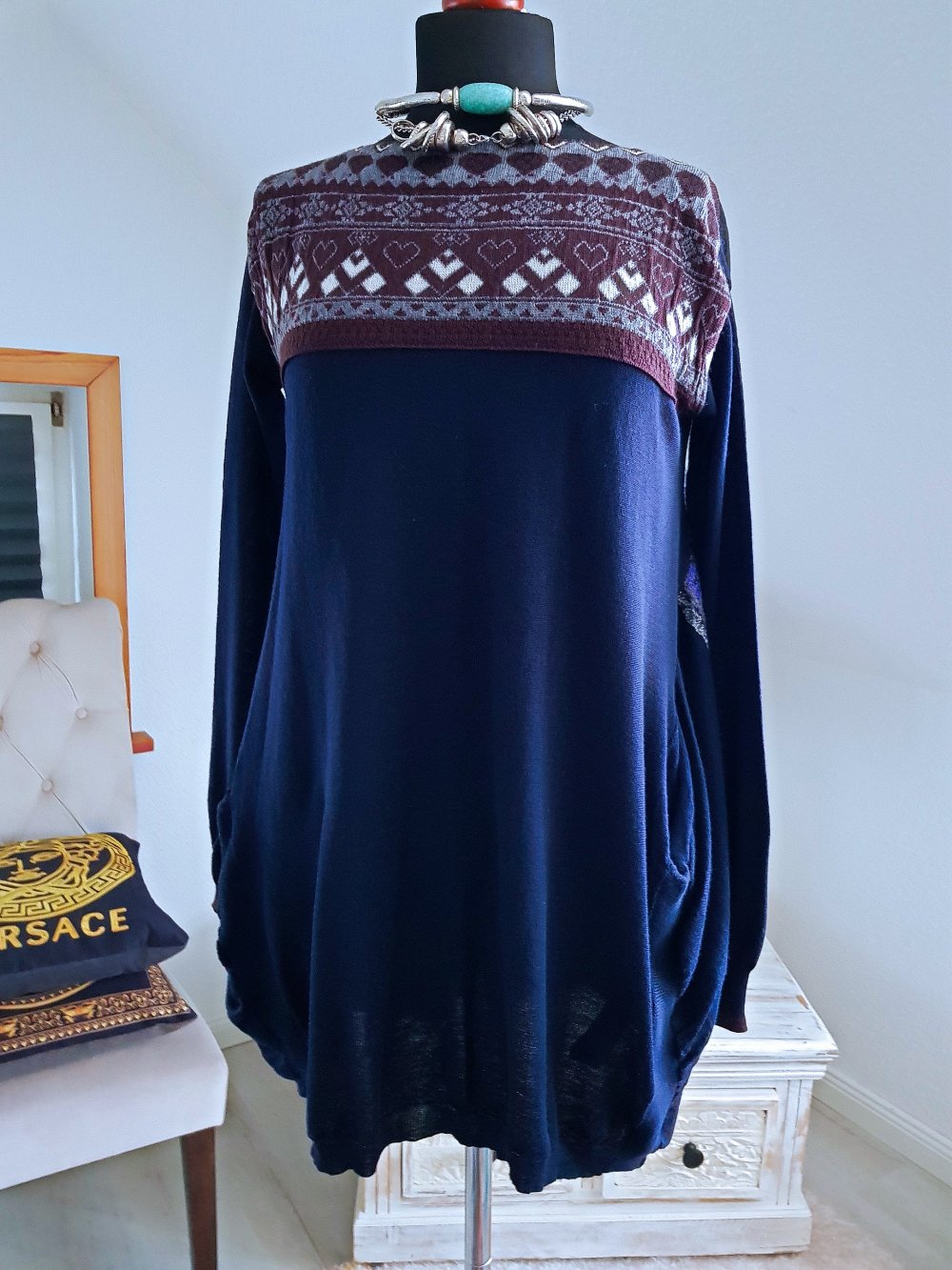 HIGH USE Damen Kleid blau braun 100%Wolle Ballonkleid Strickkleid Gr.S-M