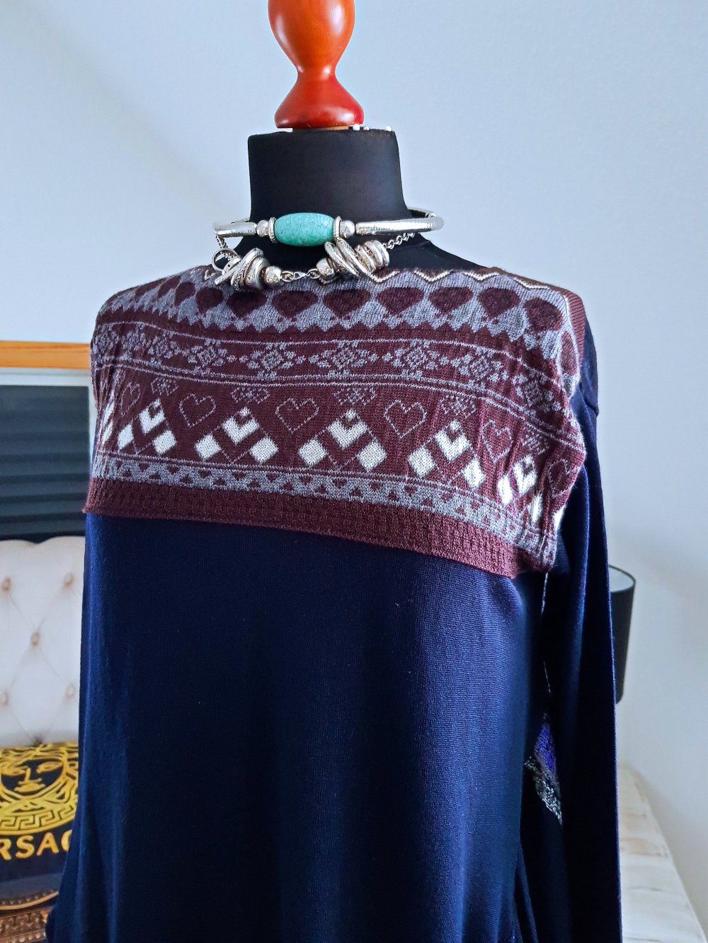 HIGH USE Damen Kleid blau braun 100%Wolle Ballonkleid Strickkleid Gr.S-M