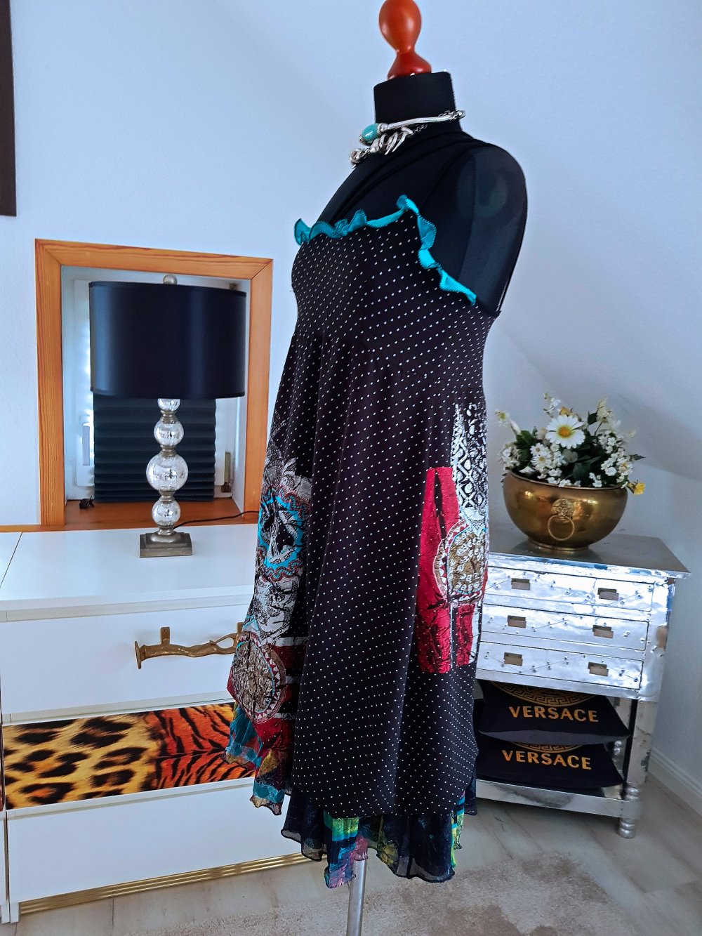 SAVE THE QUEEN Damen Kleid mehrfarbig Jerseykleid Trägerkleid gepunktet Gr.S-36