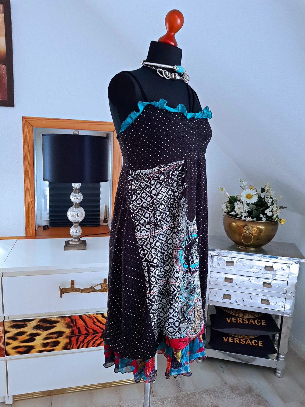 SAVE THE QUEEN Damen Kleid mehrfarbig Jerseykleid Trägerkleid gepunktet Gr.S-36