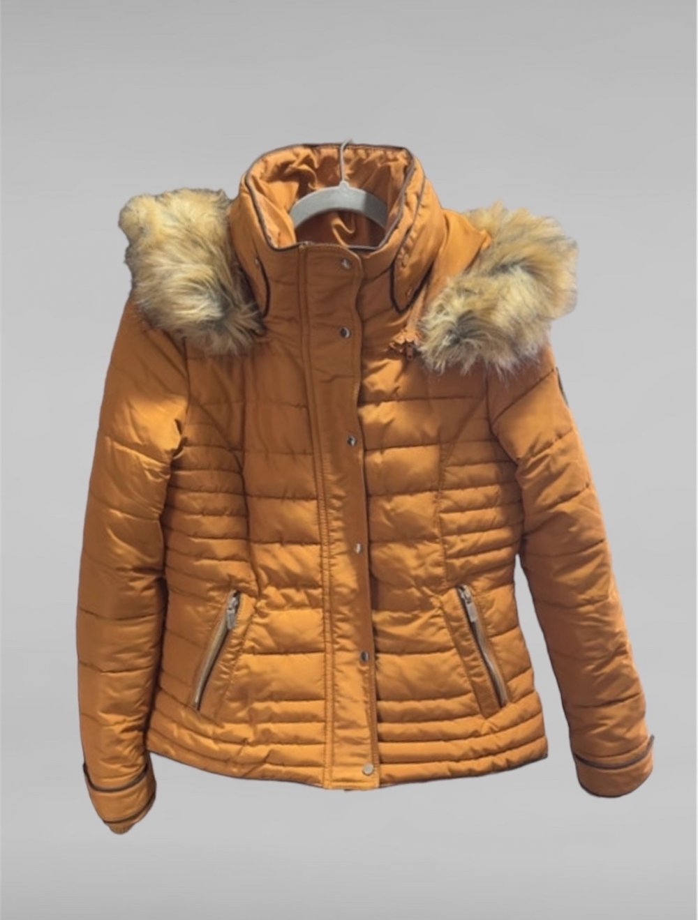 warme winterjacke tailliert Senf Farben gelb S M mit abnehmbarer Kapuze