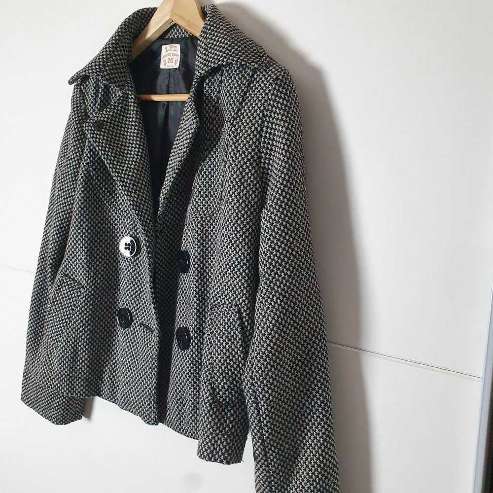 LFT Paris Damenjacke Business Gr. S 36 Hahnentritt schwarz weiß grau mit Knöpfen, Taschen & Kragen
