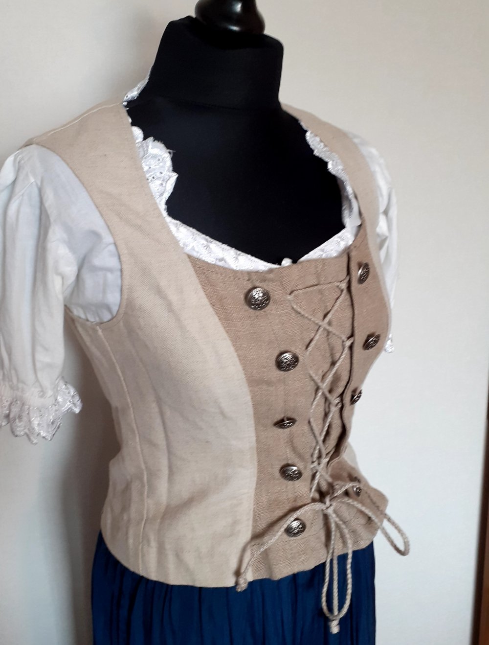 Trachtencorsage Leinenstoff 36 Baumstark Creme beigefarben Corsage zum Binden und seitlichem Reißverschluss braun-beige-Töne